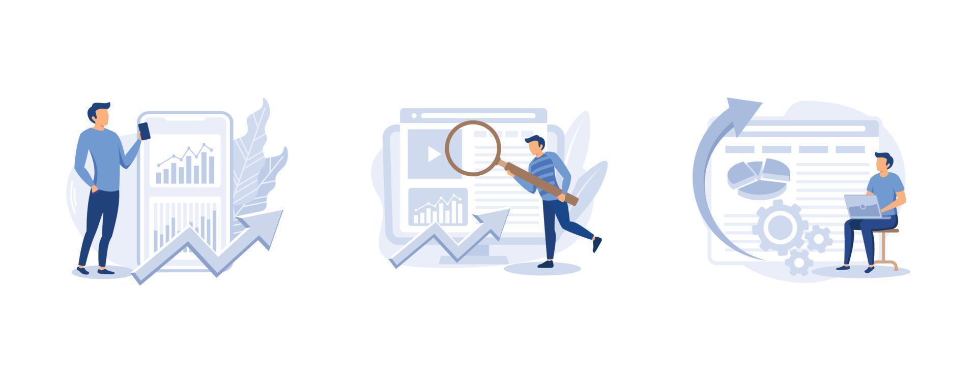 Suchmaschinenmarketing. mobile SEO-Agentur, Keyword-Ranking, Alt-Tag-Optimierung, Website-Ranking, Suchoptimierung. stellen Sie moderne Illustration des flachen Vektors ein vektor