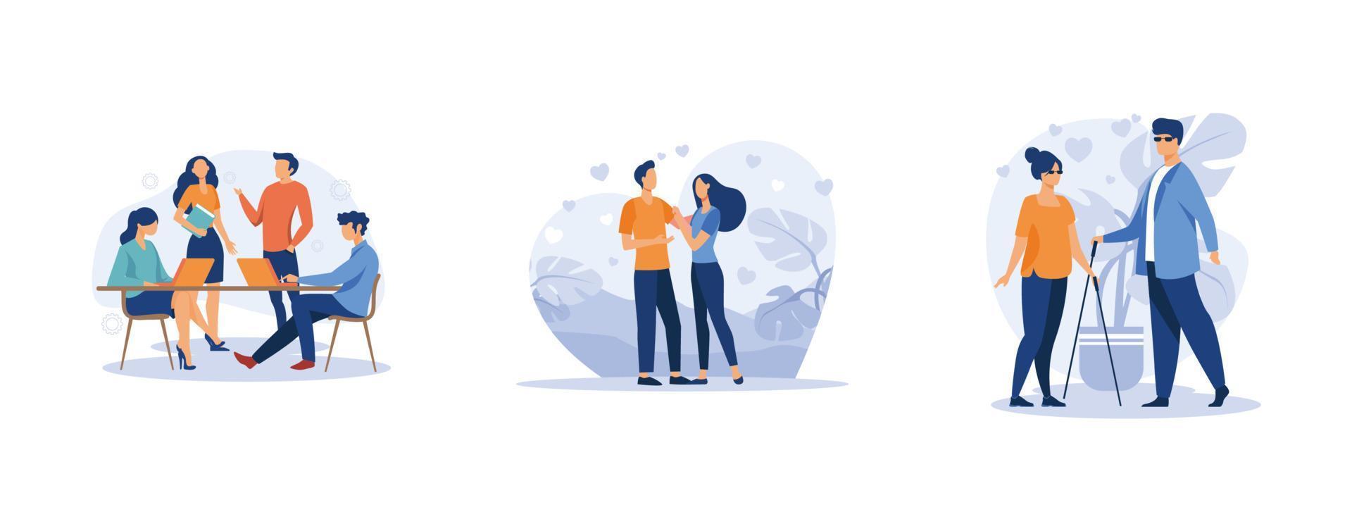 hangouts. vänner möte, romantisk blind datum, fritid tid, själ para, romantisk relation, kärlek berättelse, valentine dag. uppsättning platt vektor modern illustration