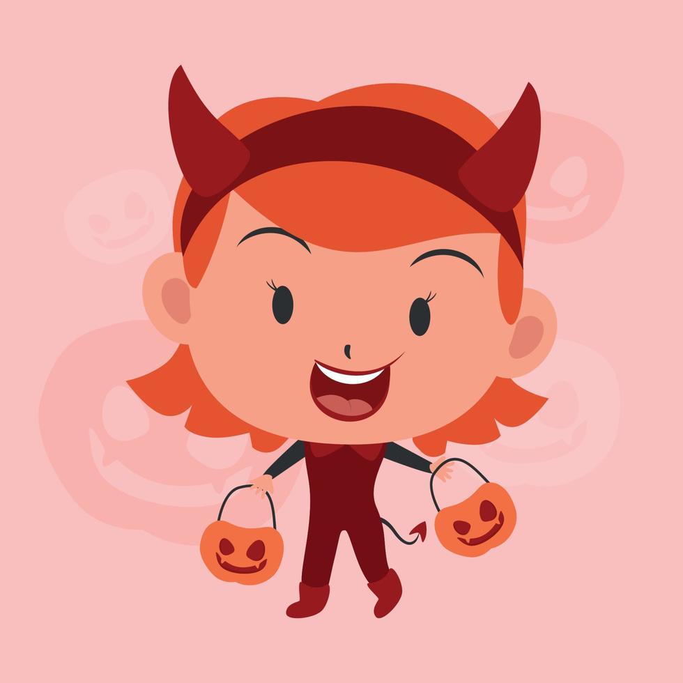 niedliche flache halloween-charakterkinder auf rotem bösem kostüm vektor