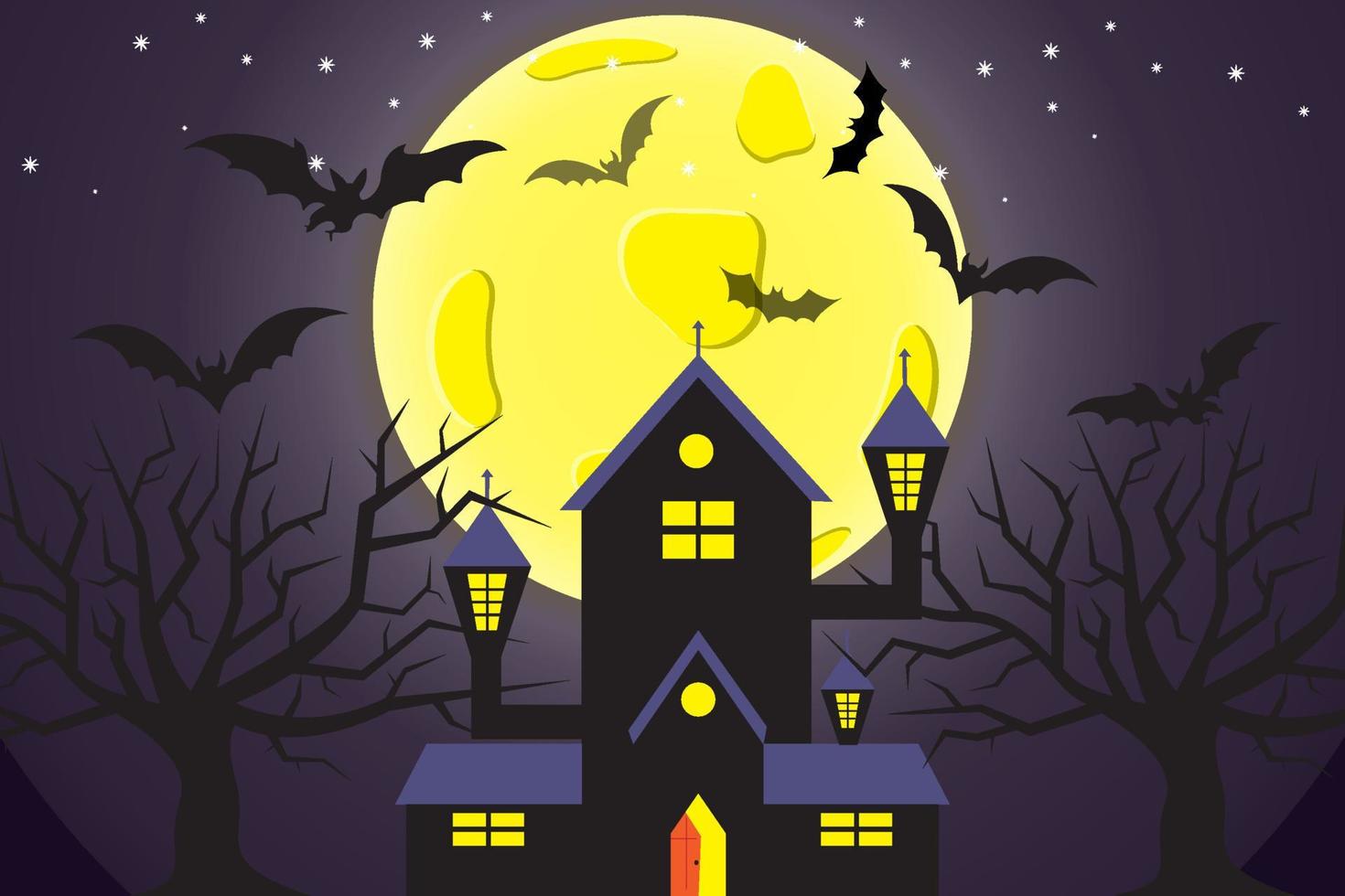 Halloween-Feier mit verschiedenen Charakteren, Vollmond, Teufelshaus, Fledermäusen und Nacht vektor