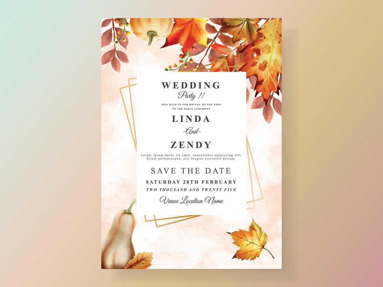 höst bröllop inbjudan kort med pumpa och svamp och fågel och löv vattenfärg vektor