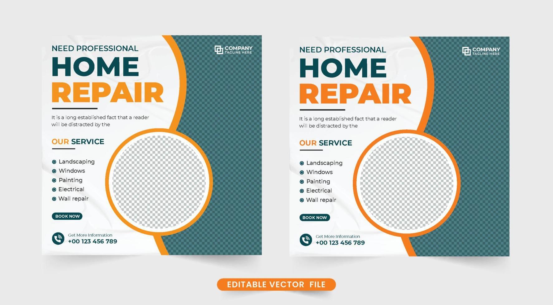 Home Repair Service Social Media Post Vektor mit gelben und orangen Farben. Werbevorlagenvektor für Hausrenovierungsunternehmen für Online-Marketing. hausbau und handwerker webbanner design