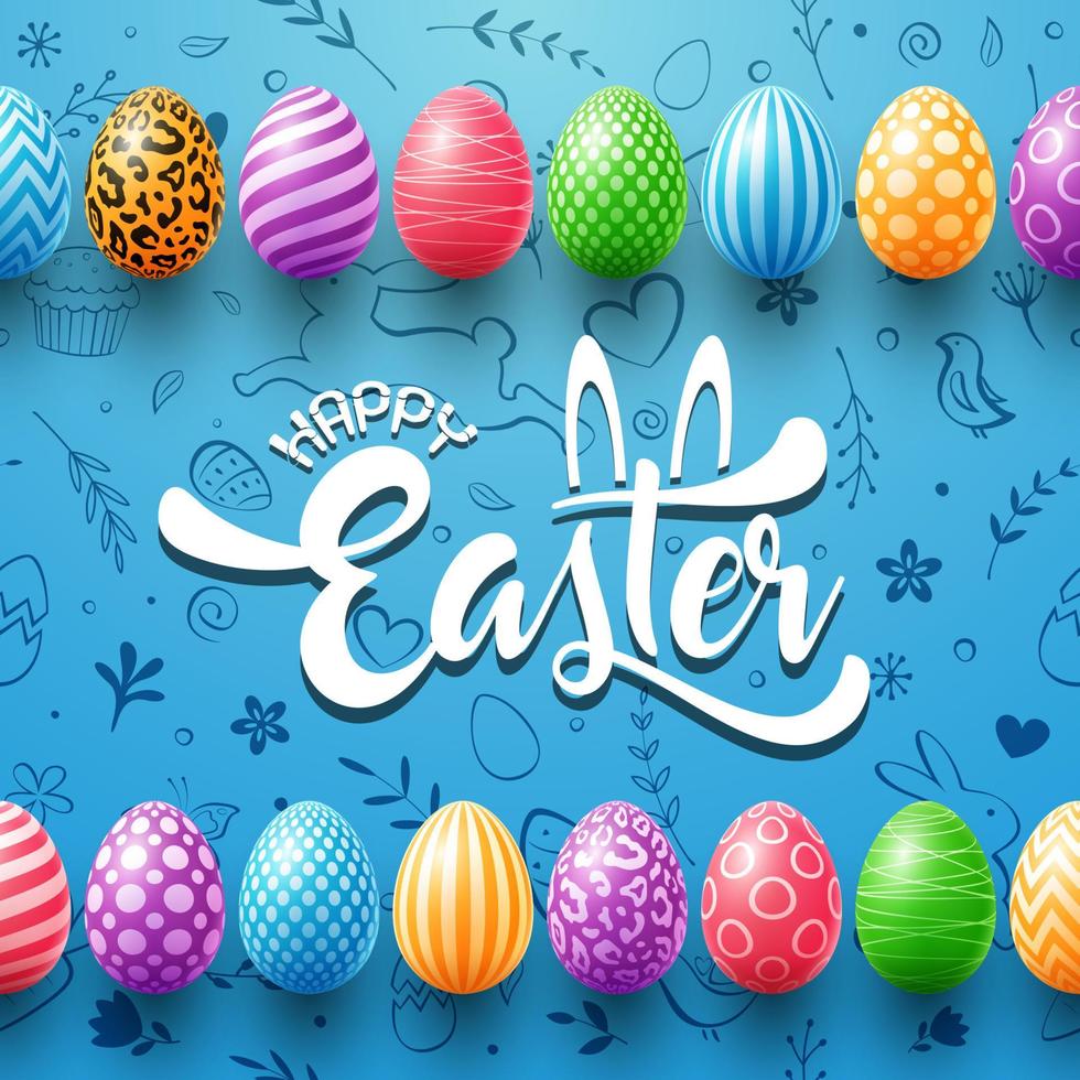 Lycklig påsk hälsning kort med färgad ägg och ram på söt klotter bakgrund vektor