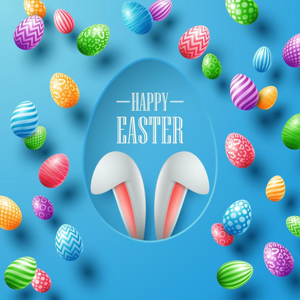 Lycklig påsk kort med kanin öron dölja i ägg hål och färgrik ägg vektor