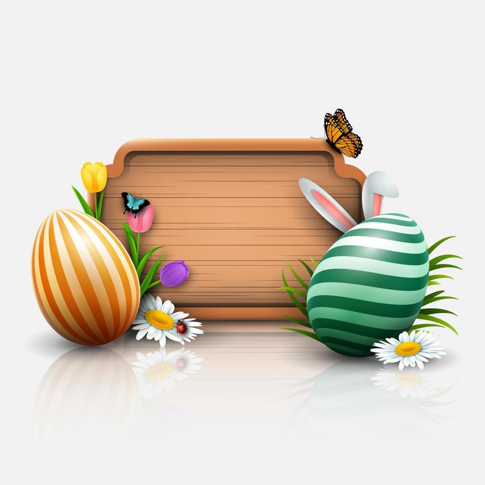 påsk hälsning kort med blommor, påsk ägg och trä- tecken på vit bakgrund vektor