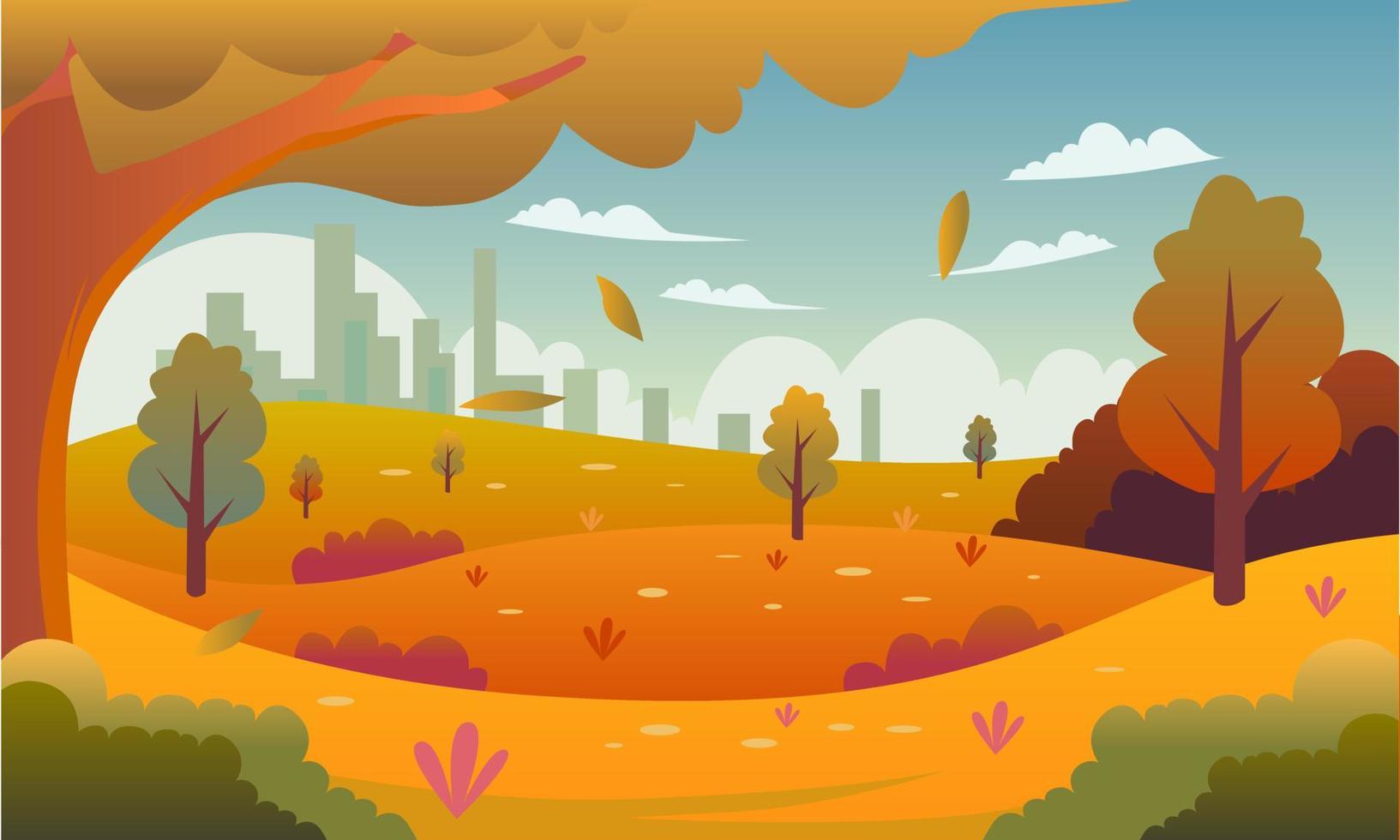 Panorama-Illustrationsvektor der Herbstlandschaft. fallende Blätter vektor