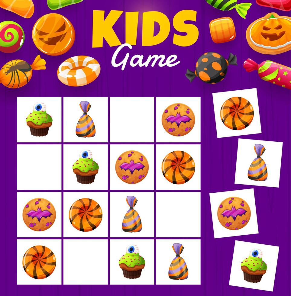 Halloween-Sudoku-Spiel. Süßigkeiten, Plätzchen und Kuchen vektor