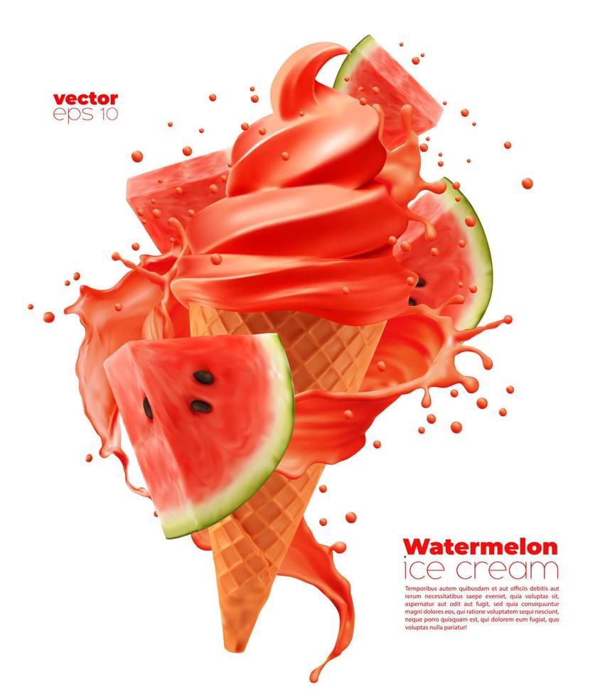 isolierte Wassermelonen-Softeistüte und Spritzer vektor