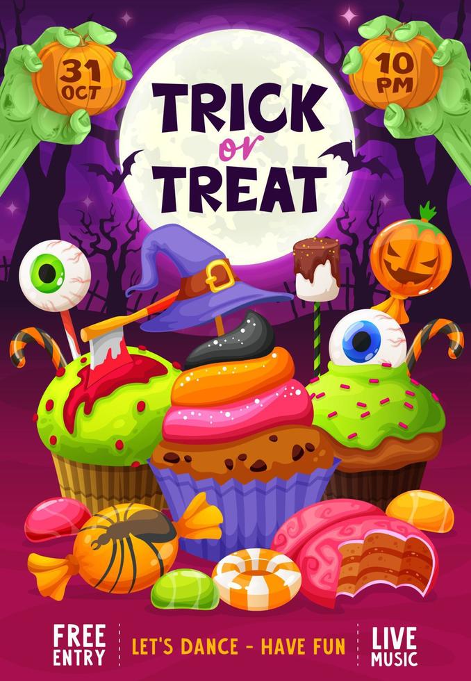 halloween fest flygblad med sötsaker och desserter vektor