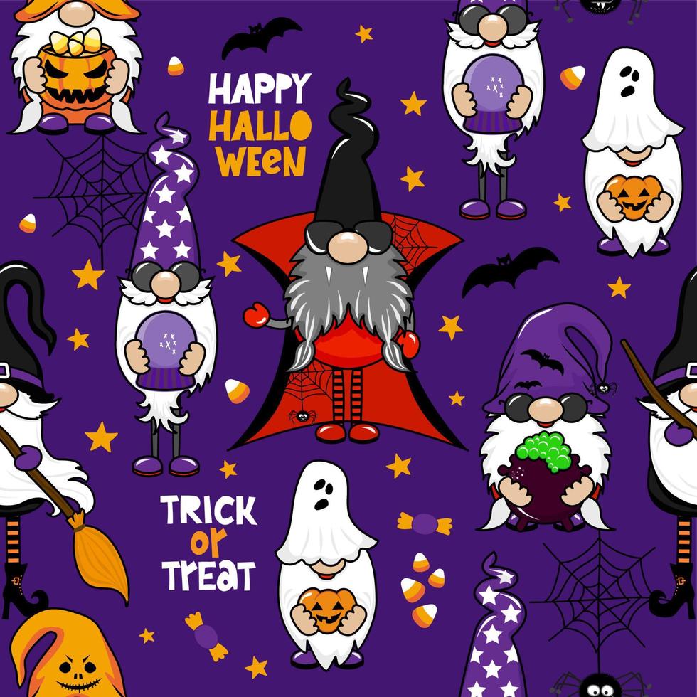 Gartenzwerge in Halloween Cotume - lustige Zeichnung nahtloses Muster. Tapeten, Geschenkpapier. glücklicher halloween-tag. hexe, besen, dracula troll cartoon design. vektor