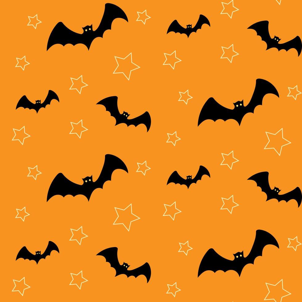 halloween nahtloses muster mit fledermäusen, die um sterne auf orangefarbenem hintergrund fliegen. hand gezeichnete vektorillustration für halloween-partydekoration, scrapbooking, textil, tapeten, grußkartendesign. vektor