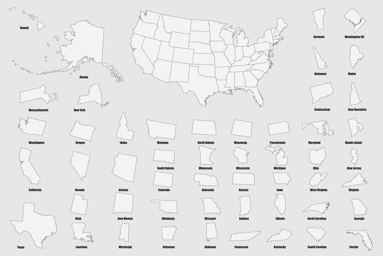vereinigte staaten von amerika mit jeder staatskarte auf usa-flagge. vektor