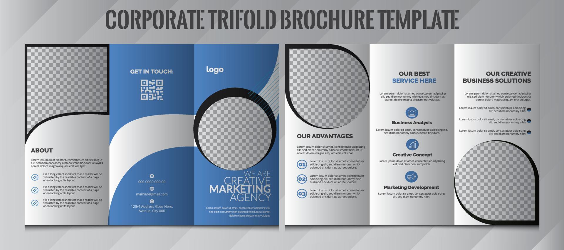 dreifach gefaltetes Broschürendesign. Corporate Business Template für dreifach gefaltete Flyer mit quadratischen Rautenformen. Designvorlage für dreifach gefaltete Unternehmensbroschüren. Blau Schwarz. vollständiges Design in einem Mockup. vektor