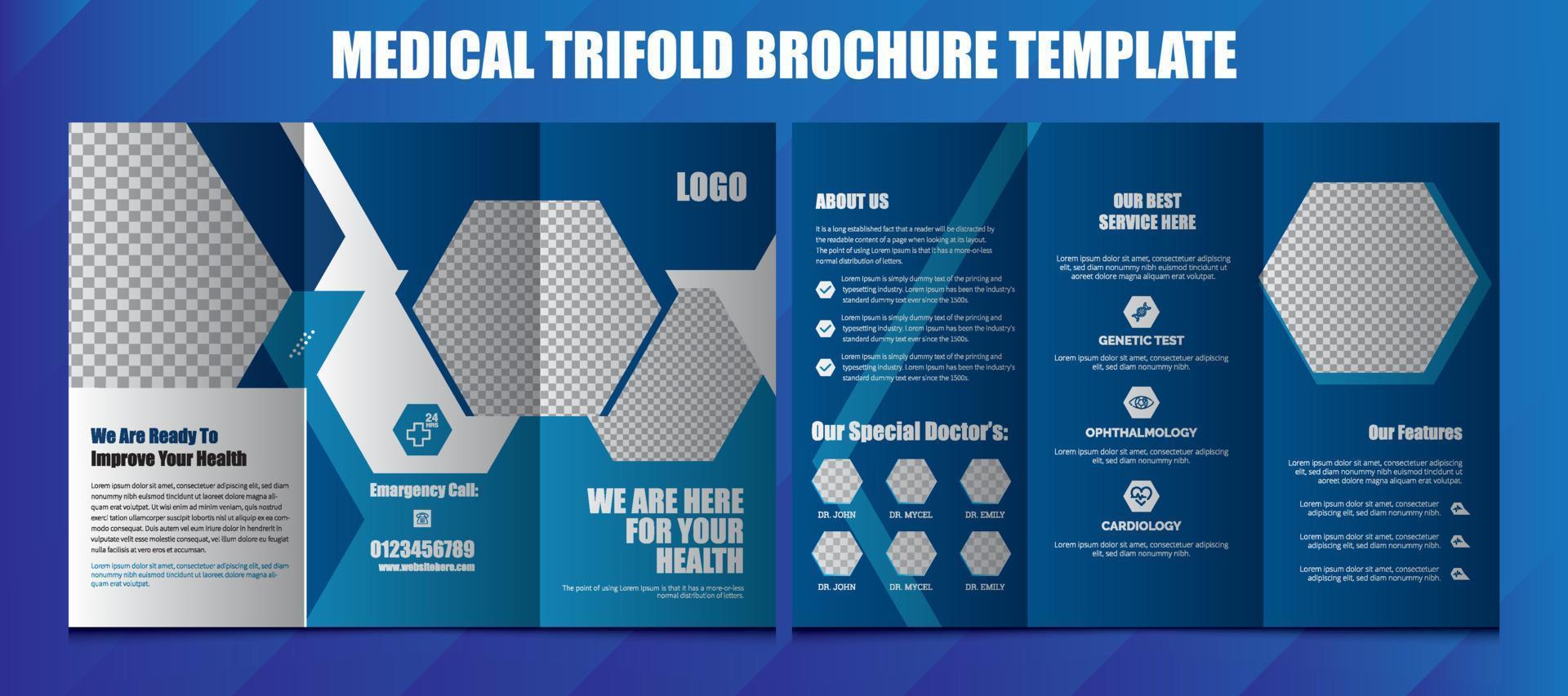 Trifold-Broschürenvorlage für medizinische Krankenhäuser, Layout-Design, Corporate-Business-Vorlage für Try-Fold-Broschüren oder Flyer. Layout mit modernen Elementen und abstraktem Hintergrund. kreatives Konzept gefaltet. vektor