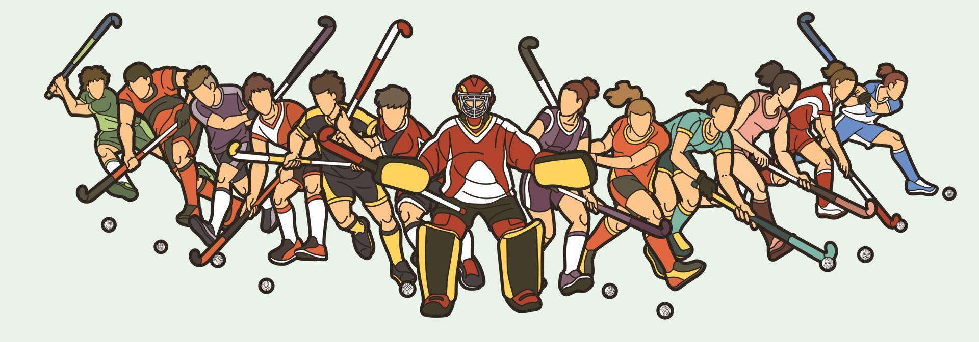 grupp av fält hockey sport manlig och kvinna spelare verkan tillsammans tecknad serie grafisk vektor