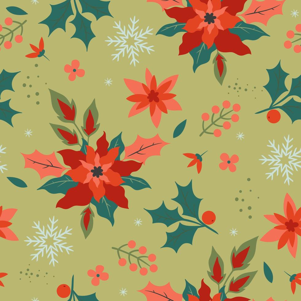 nahtloses weihnachtsmuster mit winterflora und schneeflocken. Vektorgrafiken. vektor