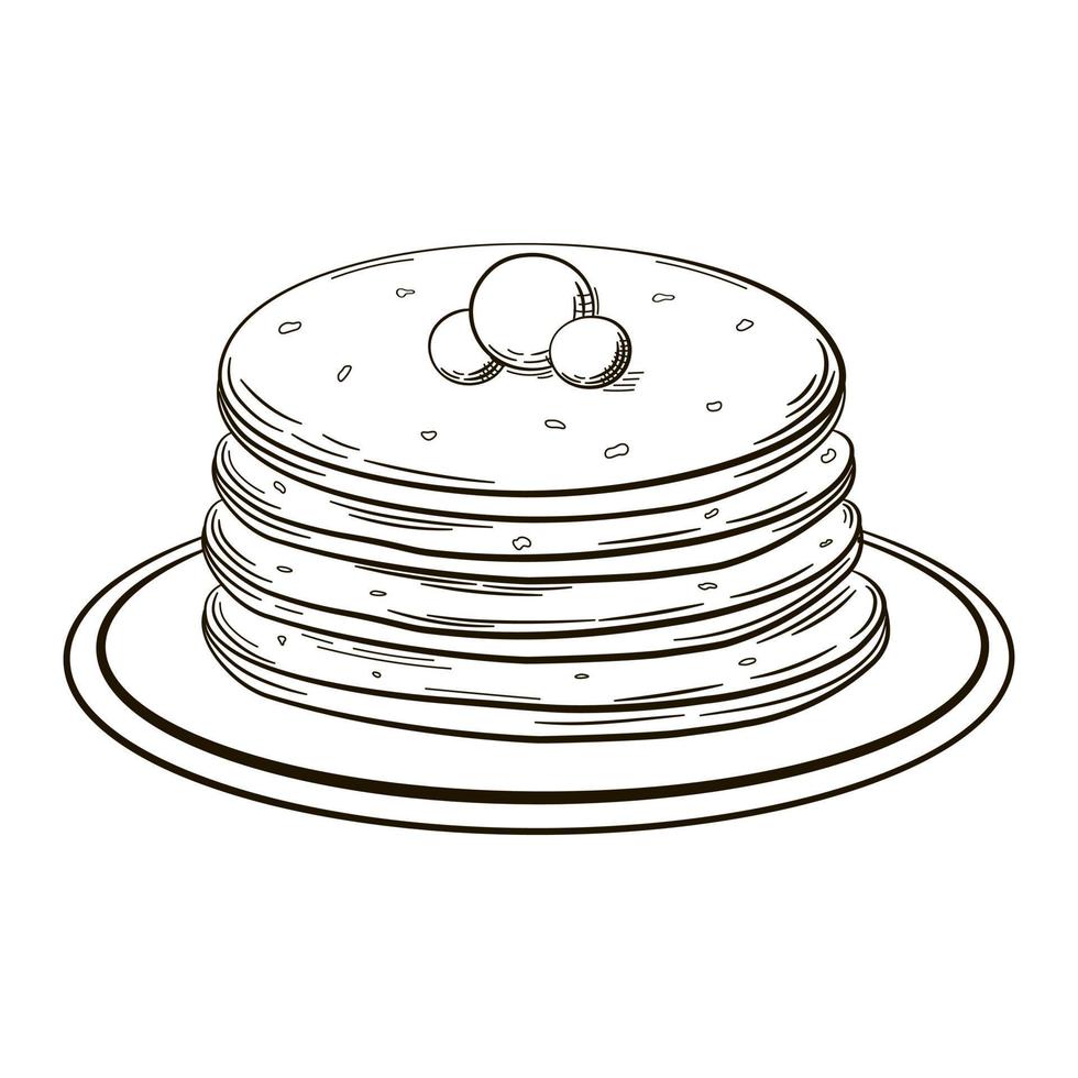 Stapel Pfannkuchen mit Beeren auf Teller im Retro-Stil isoliert auf weißem Hintergrund, Doodle-Illustration vektor
