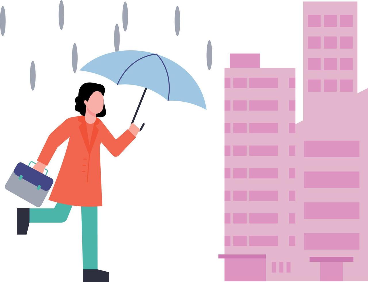 Mädchen läuft im Regen mit Regenschirm und Aktenkoffer. vektor