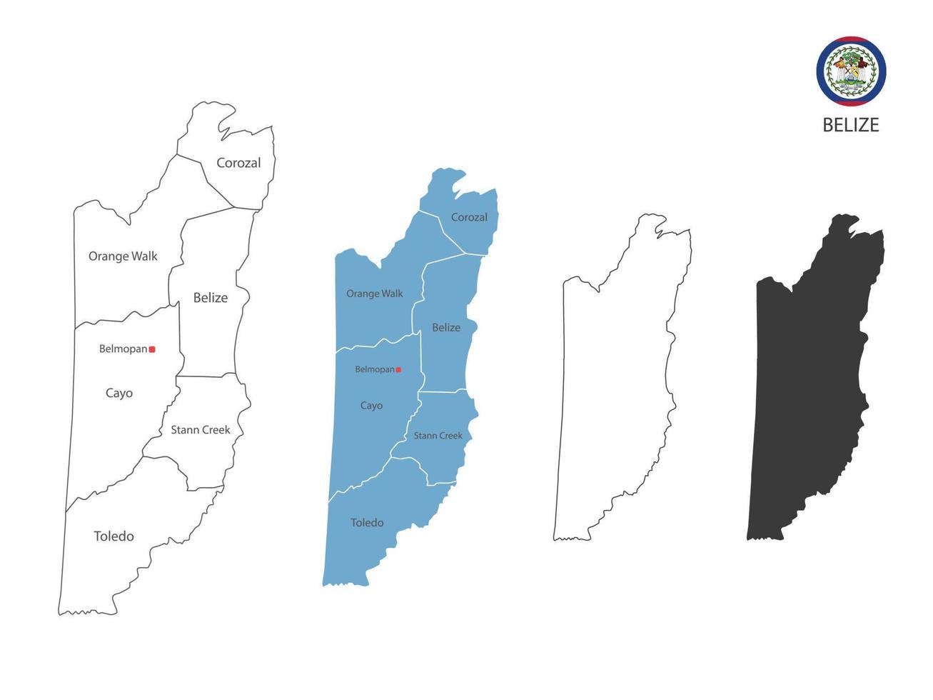 4 Stil der Belize-Kartenvektorillustration haben alle Provinzen und markieren die Hauptstadt von Belize. durch dünnen schwarzen Umriss-Einfachheitsstil und dunklen Schattenstil. isoliert auf weißem Hintergrund. vektor