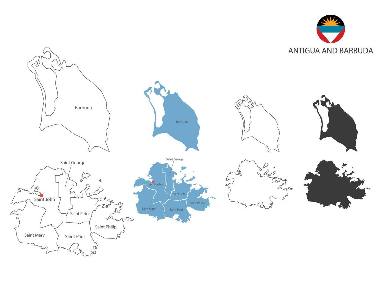 4 stil av antigua och barbuda Karta vektor illustration ha Allt provins och mark de huvudstad stad av antigua och barbuda. förbi tunn svart översikt enkelhet stil och mörk skugga stil.