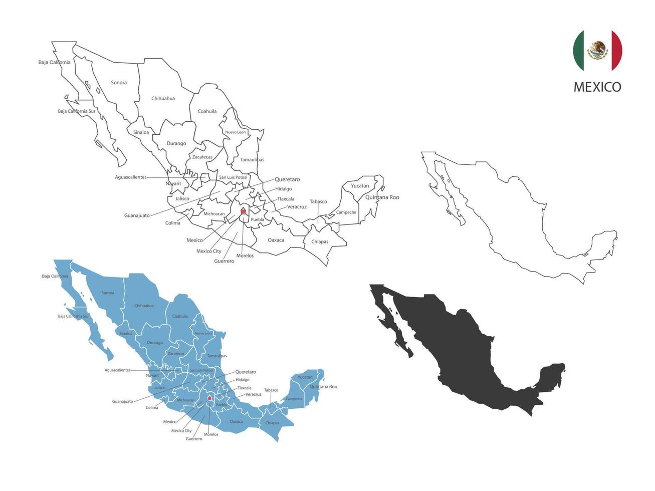 4 Arten von Mexiko-Kartenvektorillustrationen haben alle Provinzen und markieren die Hauptstadt von Mexiko. durch dünnen schwarzen Umriss, Einfachheitsstil und dunklen Schattenstil. isoliert auf weißem Hintergrund. vektor