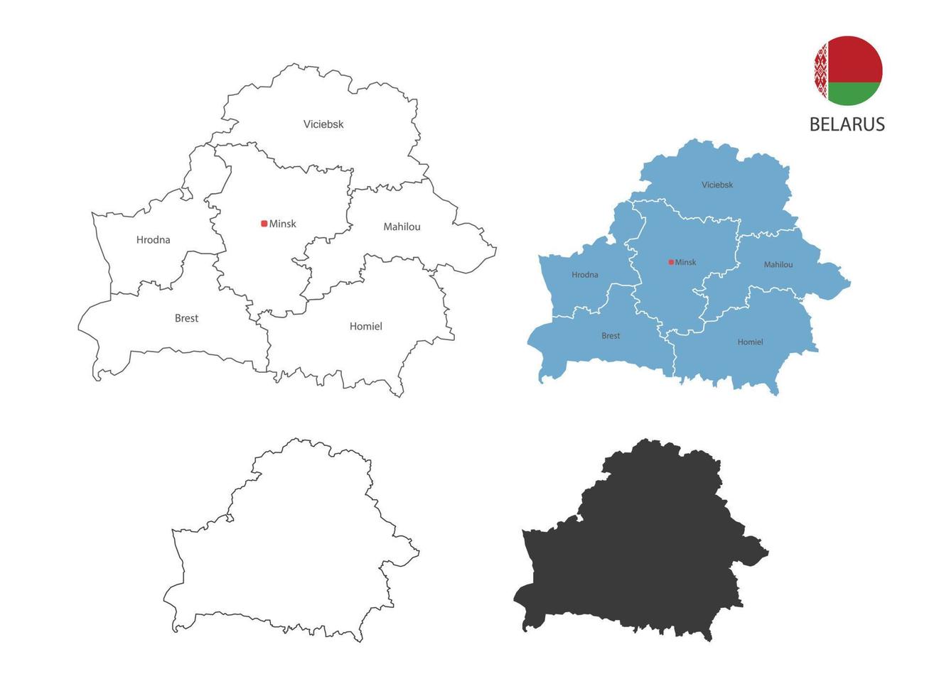 4 Stile der weißrussischen Kartenvektorillustration haben alle Provinzen und markieren die Hauptstadt von Weißrussland. durch dünnen schwarzen Umriss-Einfachheitsstil und dunklen Schattenstil. isoliert auf weißem Hintergrund. vektor
