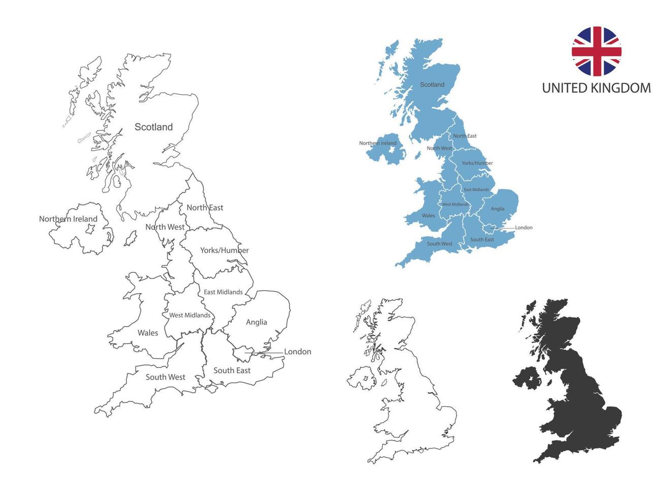 4 Stil der britischen Kartenvektorillustration haben alle Provinzen und markieren die Hauptstadt von Großbritannien. durch dünnen schwarzen Umriss-Einfachheitsstil und dunklen Schattenstil. isoliert auf weißem Hintergrund. vektor