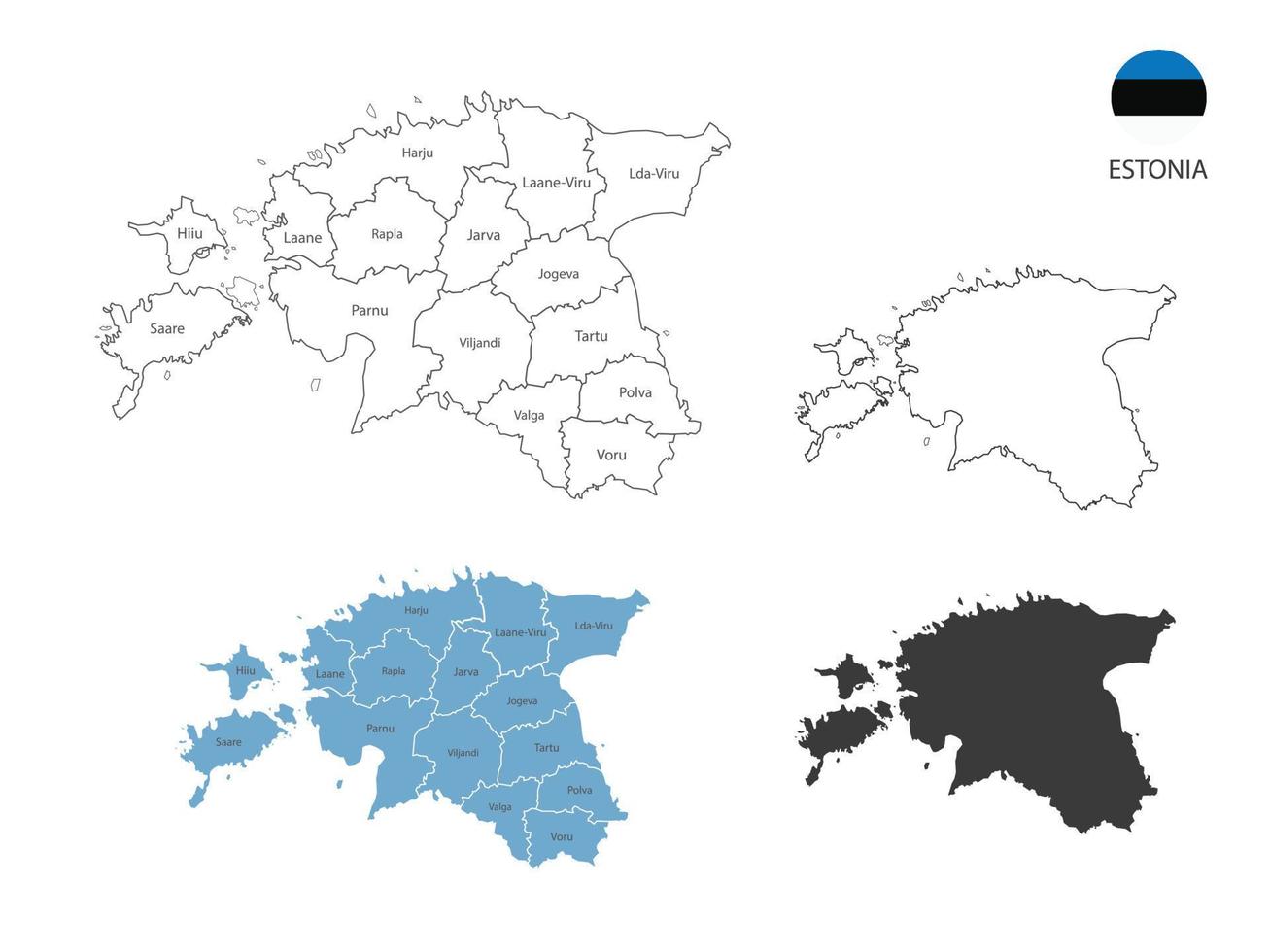 4 Stil der estnischen Kartenvektorillustration haben alle Provinzen und markieren die Hauptstadt von Estland. durch dünnen schwarzen Umriss-Einfachheitsstil und dunklen Schattenstil. isoliert auf weißem Hintergrund. vektor
