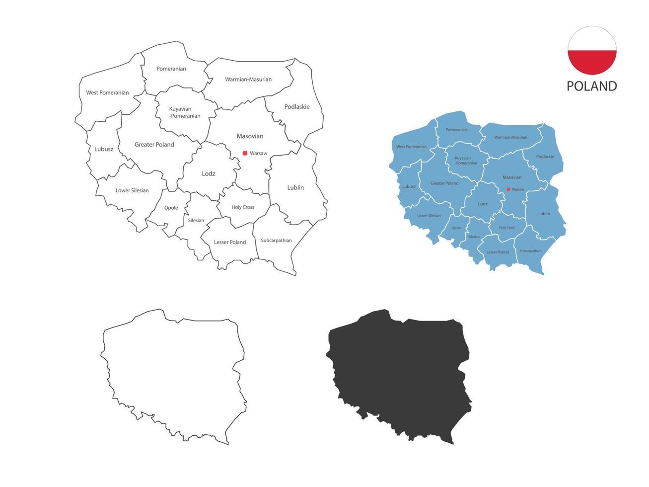 4 Stil der polnischen Kartenvektorillustration haben alle Provinzen und markieren die Hauptstadt Polens. durch dünnen schwarzen Umriss-Einfachheitsstil und dunklen Schattenstil. isoliert auf weißem Hintergrund. vektor