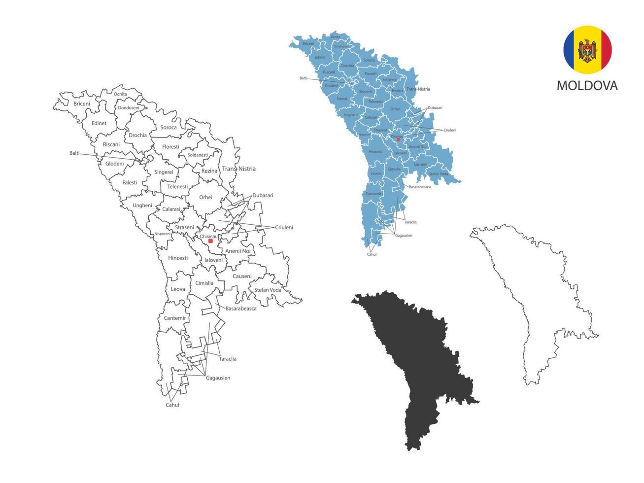4 Arten von moldauischen Kartenvektorillustrationen haben alle Provinzen und markieren die Hauptstadt von Moldawien. durch dünnen schwarzen Umriss-Einfachheitsstil und dunklen Schattenstil. isoliert auf weißem Hintergrund. vektor