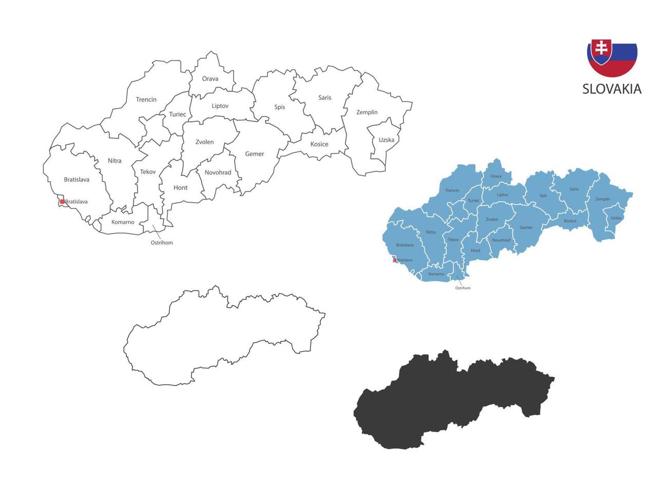 4 Arten von slowakischen Kartenvektorillustrationen haben alle Provinzen und markieren die Hauptstadt der Slowakei. durch dünnen schwarzen Umriss-Einfachheitsstil und dunklen Schattenstil. isoliert auf weißem Hintergrund. vektor