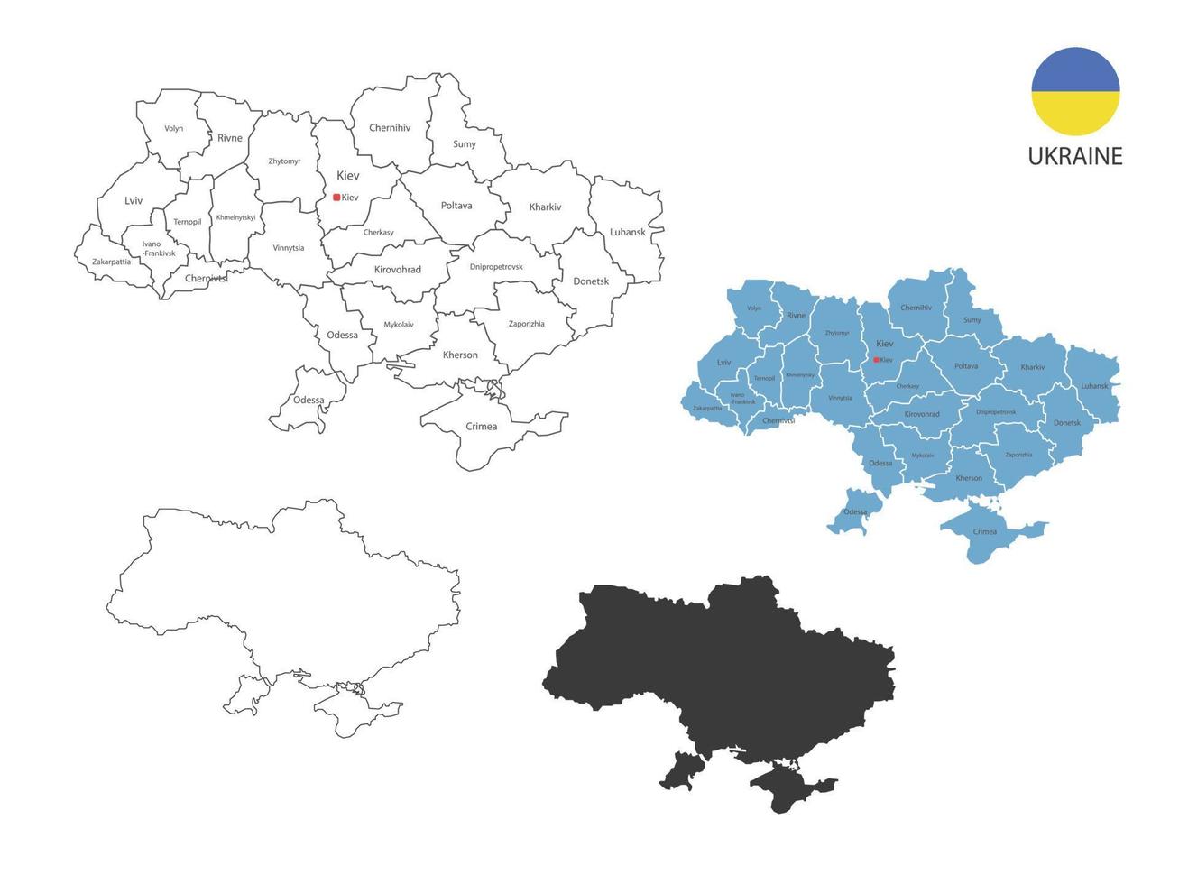 4 Arten von ukrainischen Kartenvektorillustrationen haben alle Provinzen und markieren die Hauptstadt der Ukraine. durch dünnen schwarzen Umriss-Einfachheitsstil und dunklen Schattenstil. isoliert auf weißem Hintergrund. vektor