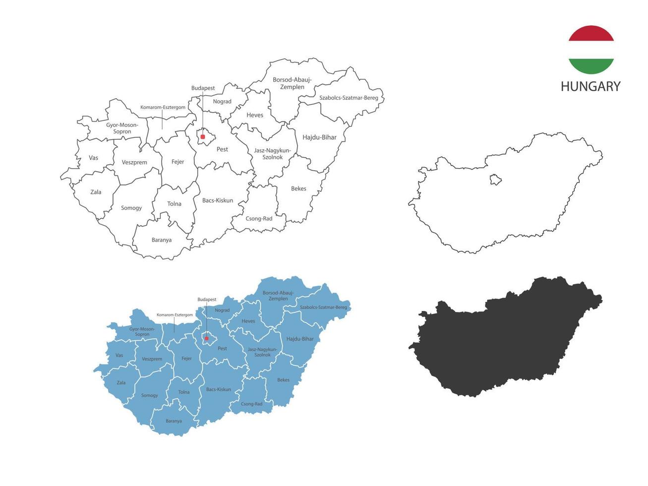 4 Arten von ungarischen Kartenvektorillustrationen haben alle Provinzen und markieren die Hauptstadt von Ungarn. durch dünnen schwarzen Umriss-Einfachheitsstil und dunklen Schattenstil. isoliert auf weißem Hintergrund. vektor