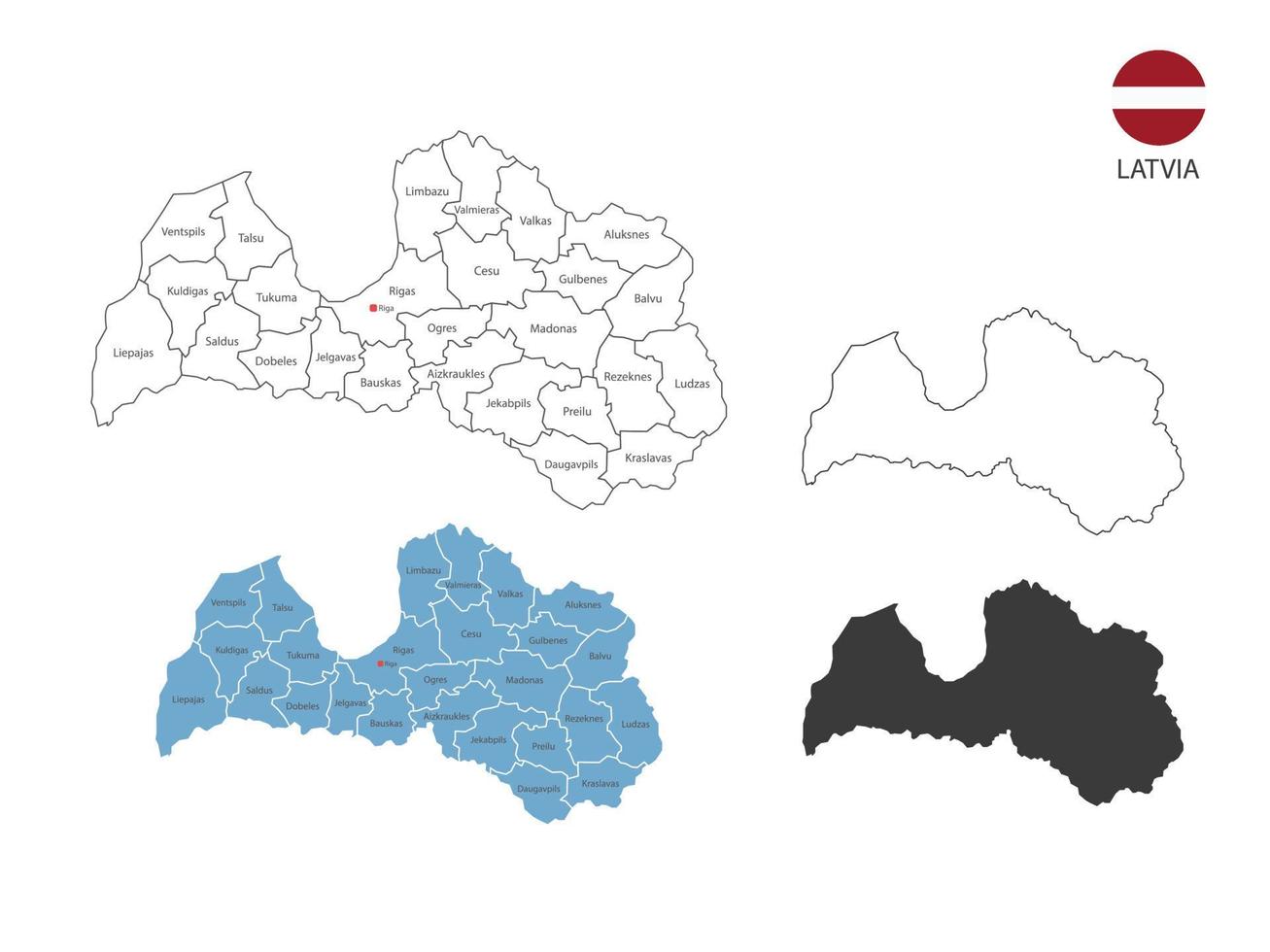 4 stil av lettland Karta vektor illustration ha Allt provins och mark de huvudstad stad av lettland. förbi tunn svart översikt enkelhet stil och mörk skugga stil. isolerat på vit bakgrund.