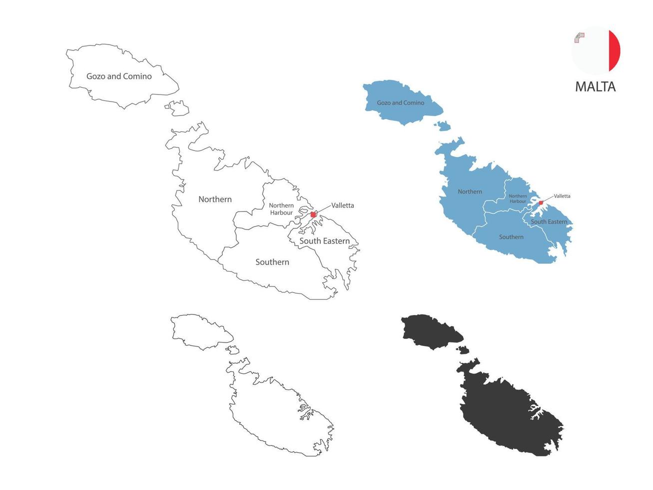 4 Arten von Malta-Kartenvektorillustrationen haben alle Provinzen und markieren die Hauptstadt von Malta. durch dünnen schwarzen Umriss-Einfachheitsstil und dunklen Schattenstil. isoliert auf weißem Hintergrund. vektor