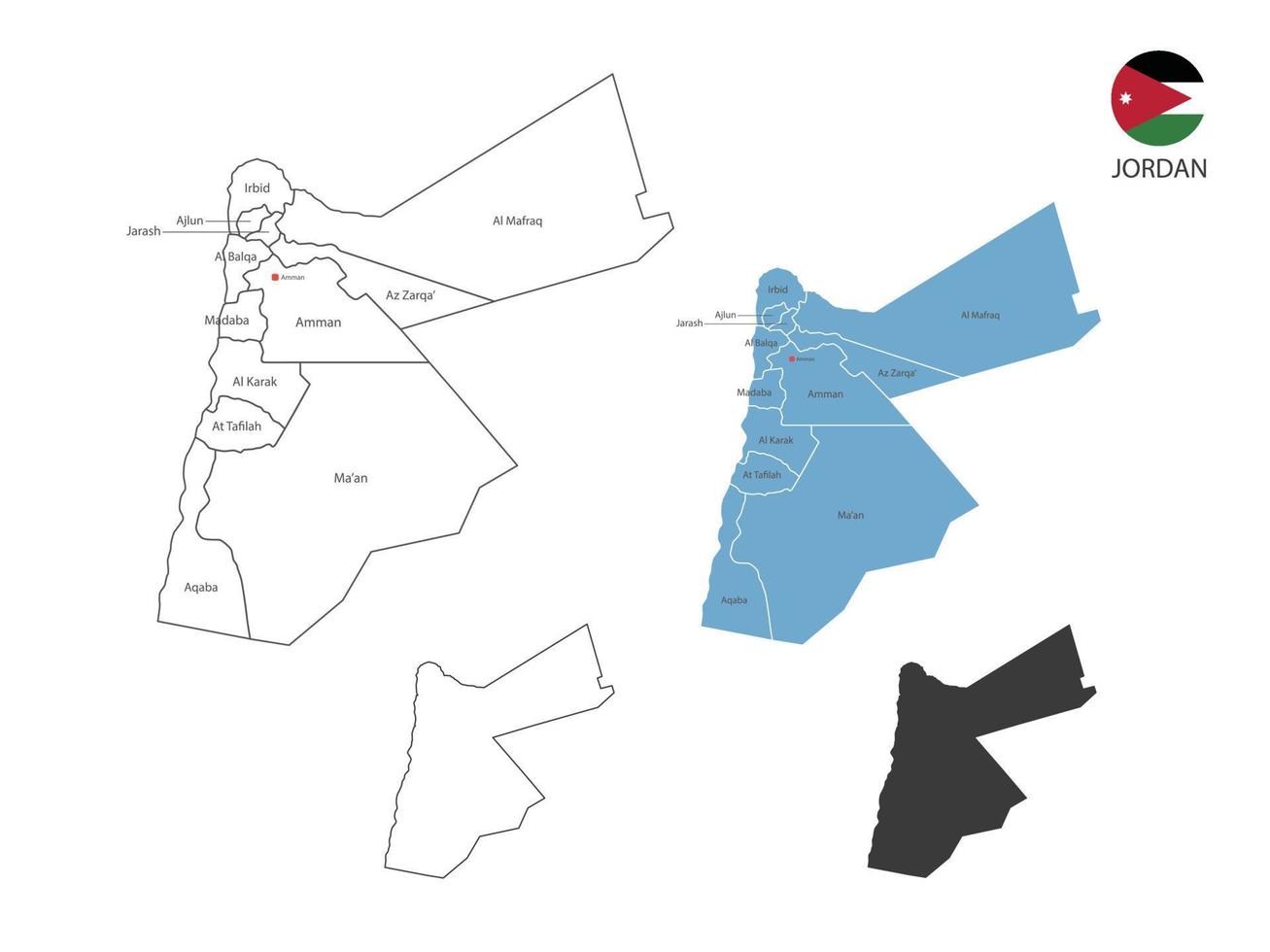 4 Stil der jordanischen Kartenvektorillustration haben alle Provinzen und markieren die Hauptstadt von Jordanien. durch dünnen schwarzen Umriss-Einfachheitsstil und dunklen Schattenstil. isoliert auf weißem Hintergrund. vektor