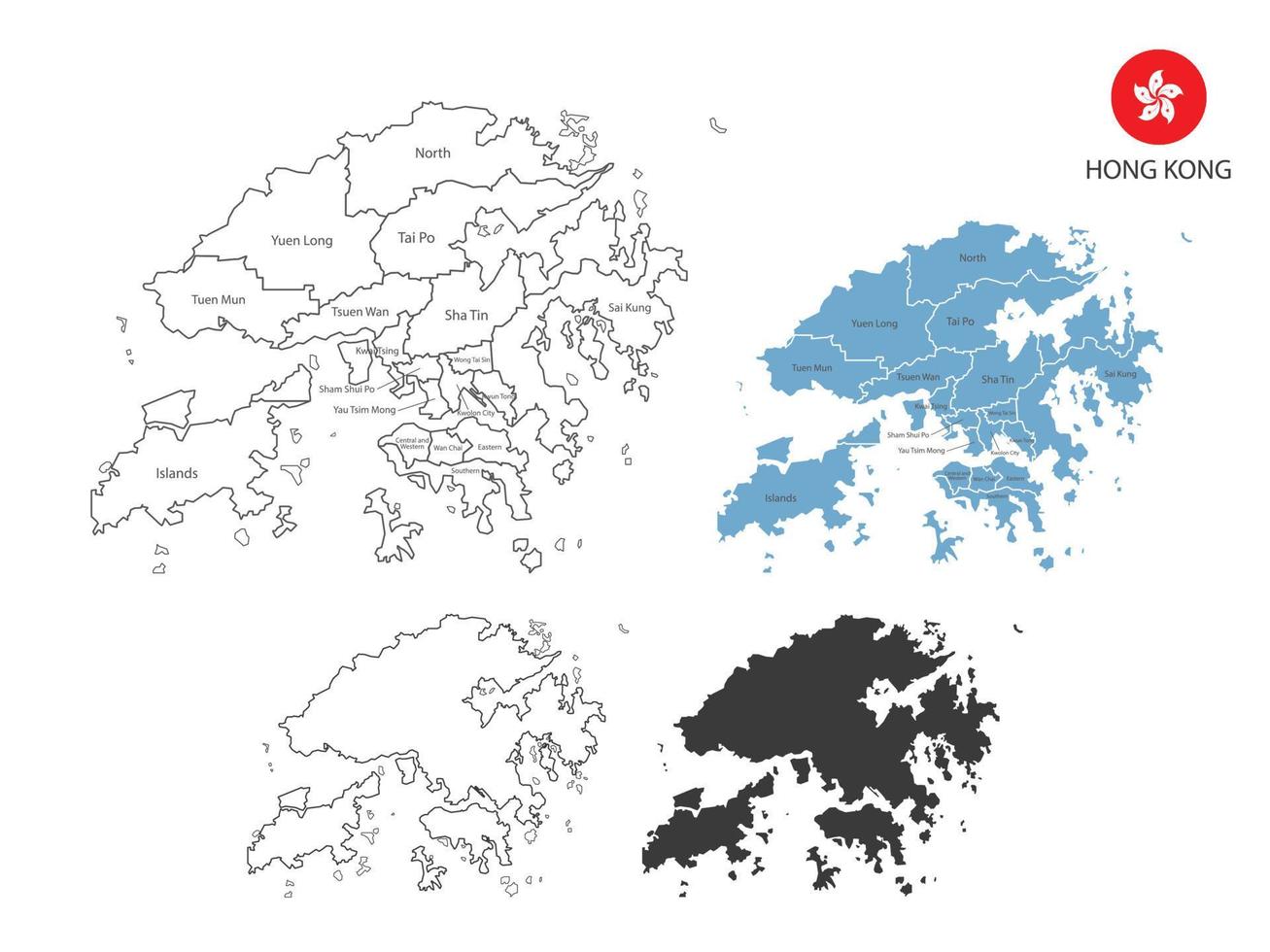 4 Arten von Hongkong-Kartenvektorillustrationen haben alle Provinzen und markieren die Hauptstadt von Hongkong. durch dünnen schwarzen Umriss, Einfachheitsstil und dunklen Schattenstil. isoliert auf weißem Hintergrund. vektor