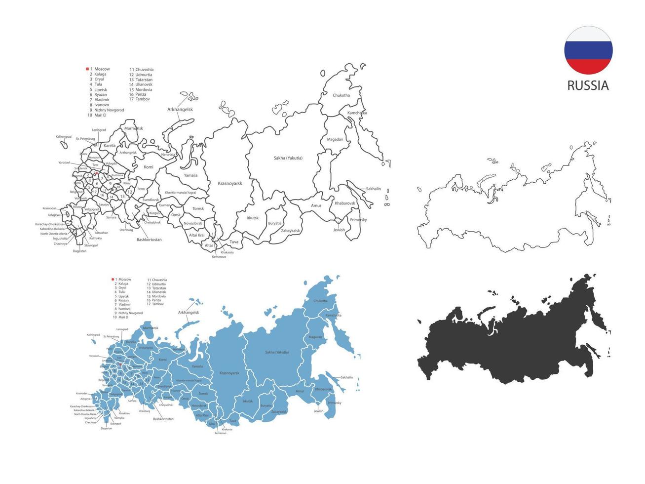 4 Stil der russischen Kartenvektorillustration haben alle Provinzen und markieren die Hauptstadt Russlands. durch dünnen schwarzen Umriss-Einfachheitsstil und dunklen Schattenstil. isoliert auf weißem Hintergrund. vektor