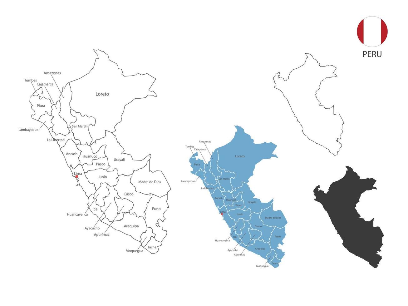 4 Arten von Peru-Kartenvektorillustrationen haben alle Provinzen und markieren die Hauptstadt von Peru. durch dünnen schwarzen Umriss-Einfachheitsstil und dunklen Schattenstil. isoliert auf weißem Hintergrund. vektor
