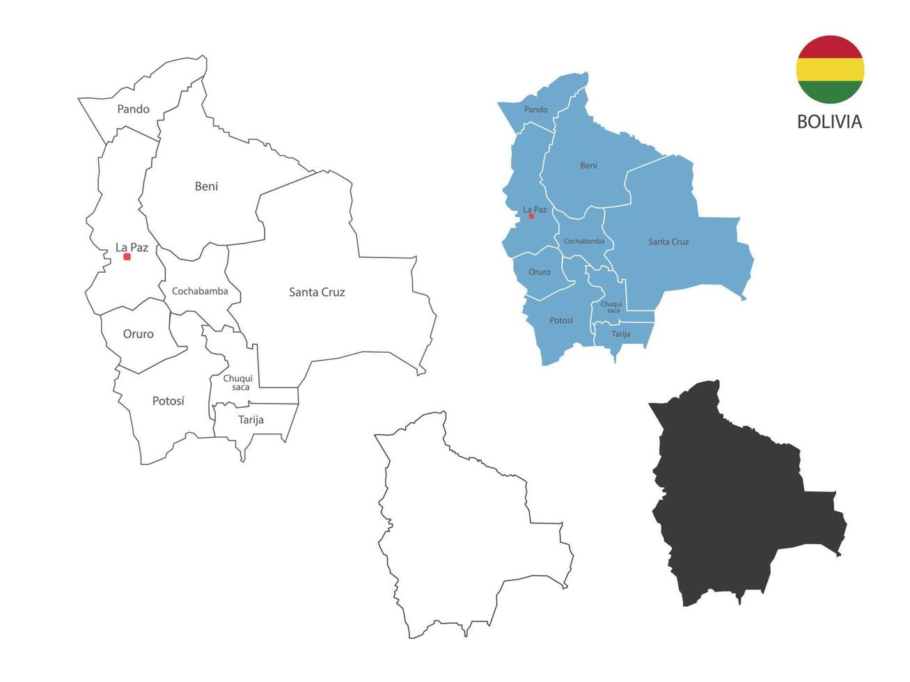 4 stil av bolivia Karta vektor illustration ha Allt provins och mark de huvudstad stad av bolivia. förbi tunn svart översikt enkelhet stil och mörk skugga stil. isolerat på vit bakgrund.