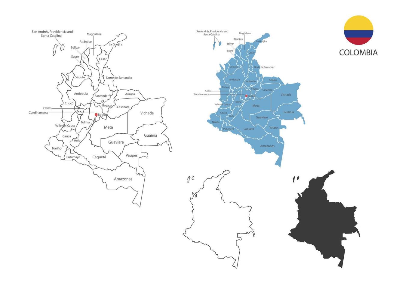 4 Arten von kolumbianischen Kartenvektorillustrationen haben alle Provinzen und markieren die Hauptstadt von Kolumbien. durch dünnen schwarzen Umriss-Einfachheitsstil und dunklen Schattenstil. isoliert auf weißem Hintergrund. vektor