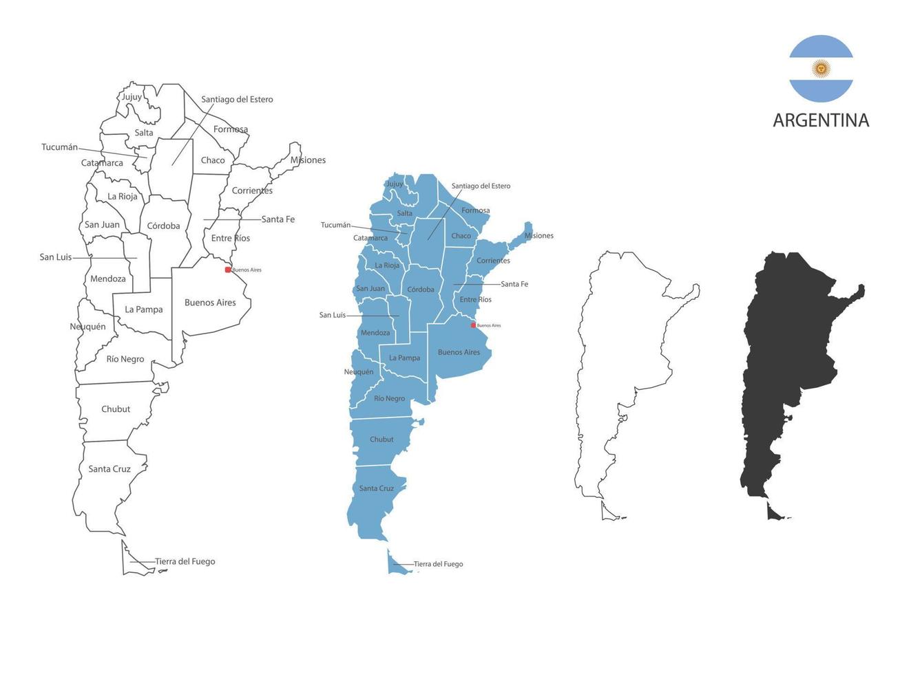 4 Arten von Argentinien-Kartenvektorillustrationen haben alle Provinzen und markieren die Hauptstadt von Argentinien. durch dünnen schwarzen Umriss-Einfachheitsstil und dunklen Schattenstil. isoliert auf weißem Hintergrund. vektor