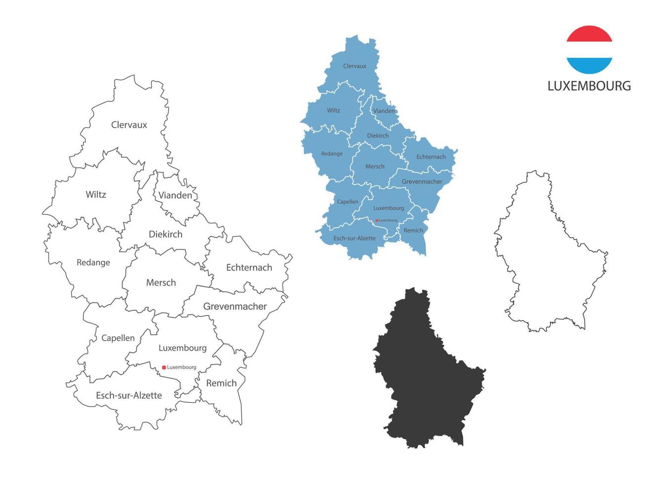 4 stile der luxemburg-kartenvektorillustration haben alle provinzen und markieren die hauptstadt luxemburgs. durch dünnen schwarzen Umriss-Einfachheitsstil und dunklen Schattenstil. isoliert auf weißem Hintergrund. vektor