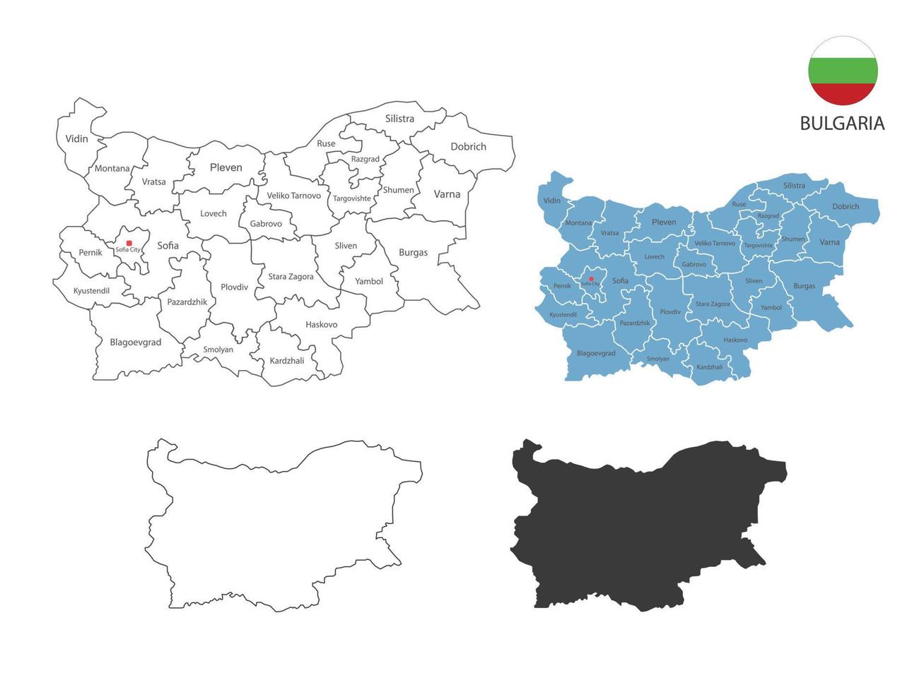 4 Arten von Bulgarien-Kartenvektorillustrationen haben alle Provinzen und markieren die Hauptstadt Bulgariens. durch dünnen schwarzen Umriss-Einfachheitsstil und dunklen Schattenstil. isoliert auf weißem Hintergrund. vektor