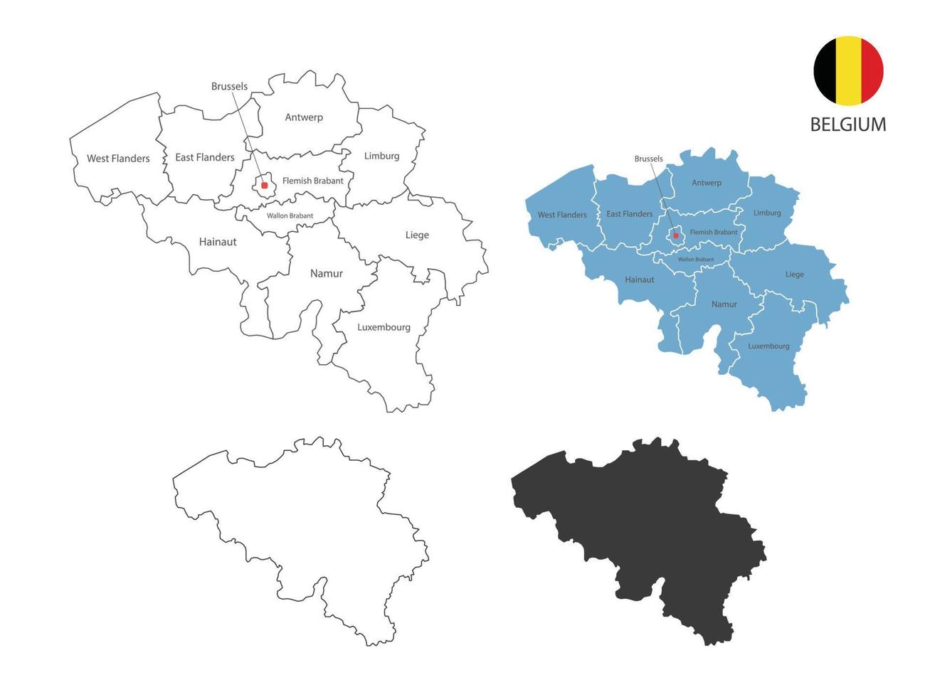 4 Stile der belgischen Kartenvektorillustration haben alle Provinzen und markieren die Hauptstadt von Belgien. durch dünnen schwarzen Umriss, Einfachheitsstil und dunklen Schattenstil. isoliert auf weißem Hintergrund. vektor