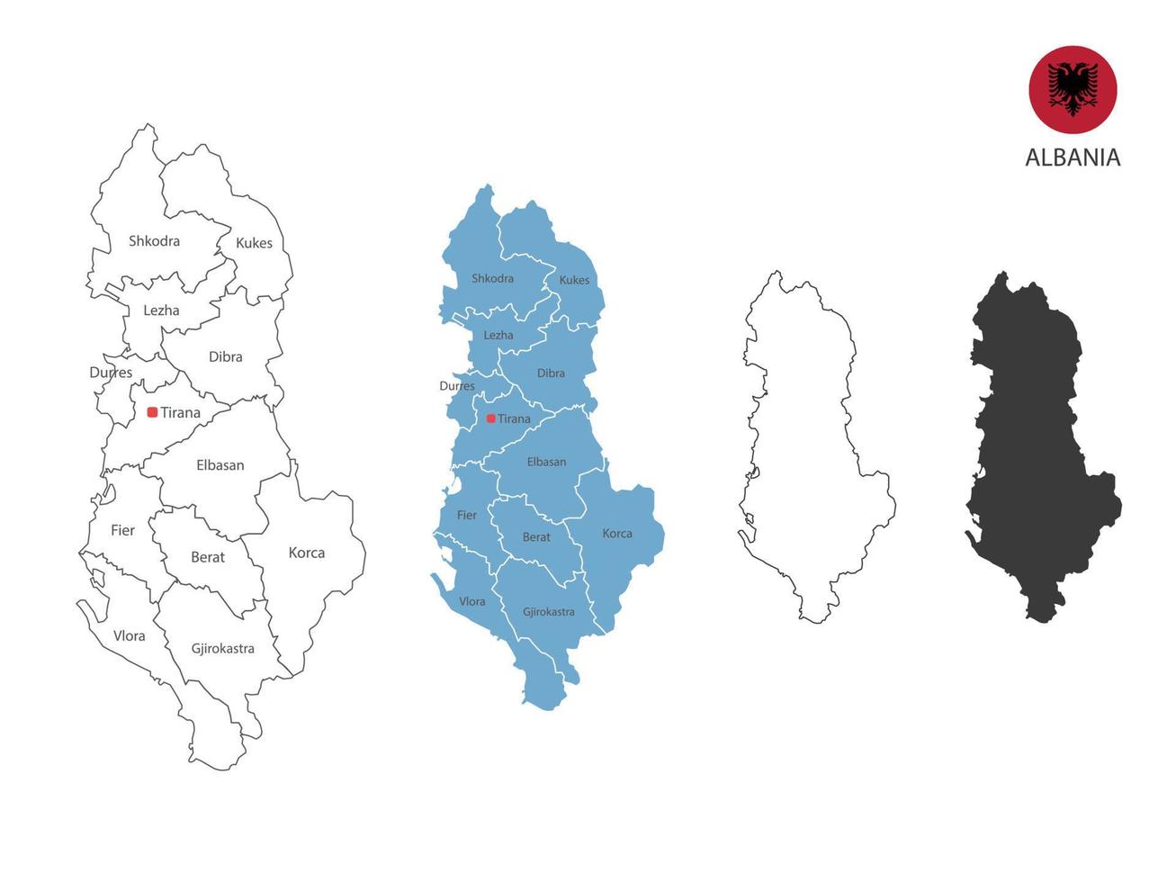 4 Stil der Albanien-Kartenvektorillustration haben alle Provinzen und markieren die Hauptstadt Albaniens. durch dünnen schwarzen Umriss-Einfachheitsstil und dunklen Schattenstil. isoliert auf weißem Hintergrund. vektor