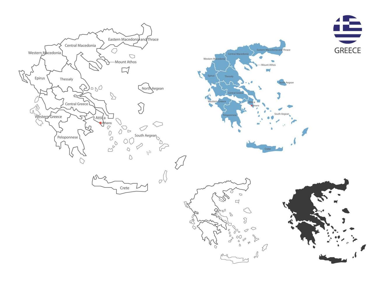 4 Stil der griechischen Kartenvektorillustration haben alle Provinzen und markieren die Hauptstadt Griechenlands. durch dünnen schwarzen Umriss-Einfachheitsstil und dunklen Schattenstil. isoliert auf weißem Hintergrund. vektor