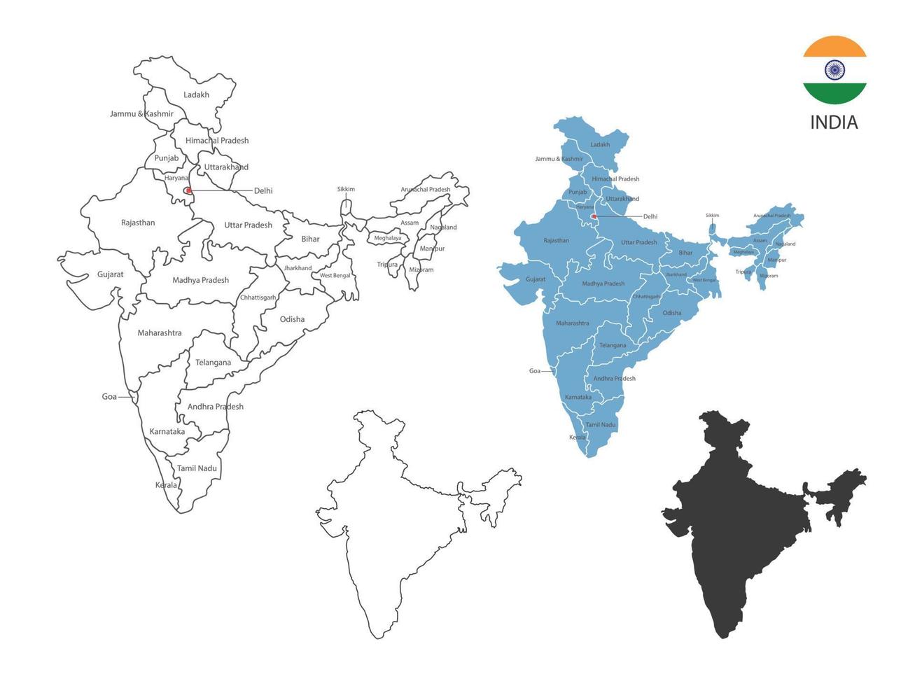 4 Stil der Indien-Kartenvektorillustration haben alle Provinzen und markieren die Hauptstadt Indiens. durch dünnen schwarzen Umriss-Einfachheitsstil und dunklen Schattenstil. isoliert auf weißem Hintergrund. vektor