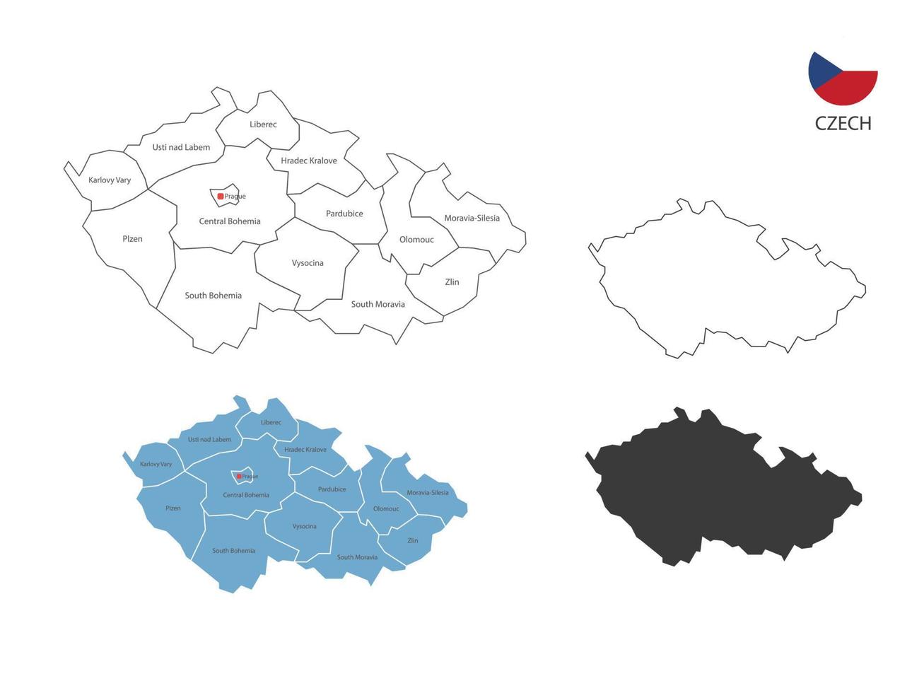 4 stil der tschechischen kartenvektorillustration haben alle provinzen und markieren die hauptstadt von tschechien. durch dünnen schwarzen Umriss-Einfachheitsstil und dunklen Schattenstil. isoliert auf weißem Hintergrund. vektor