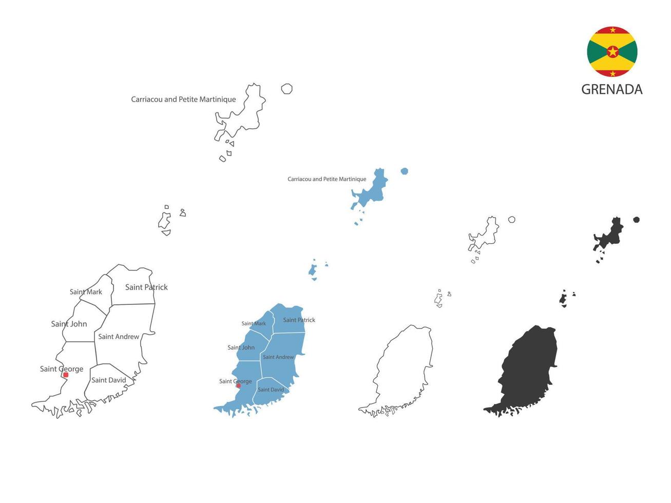 4 stil av grenada Karta vektor illustration ha Allt provins och mark de huvudstad stad av grenada. förbi tunn svart översikt enkelhet stil och mörk skugga stil. isolerat på vit bakgrund.